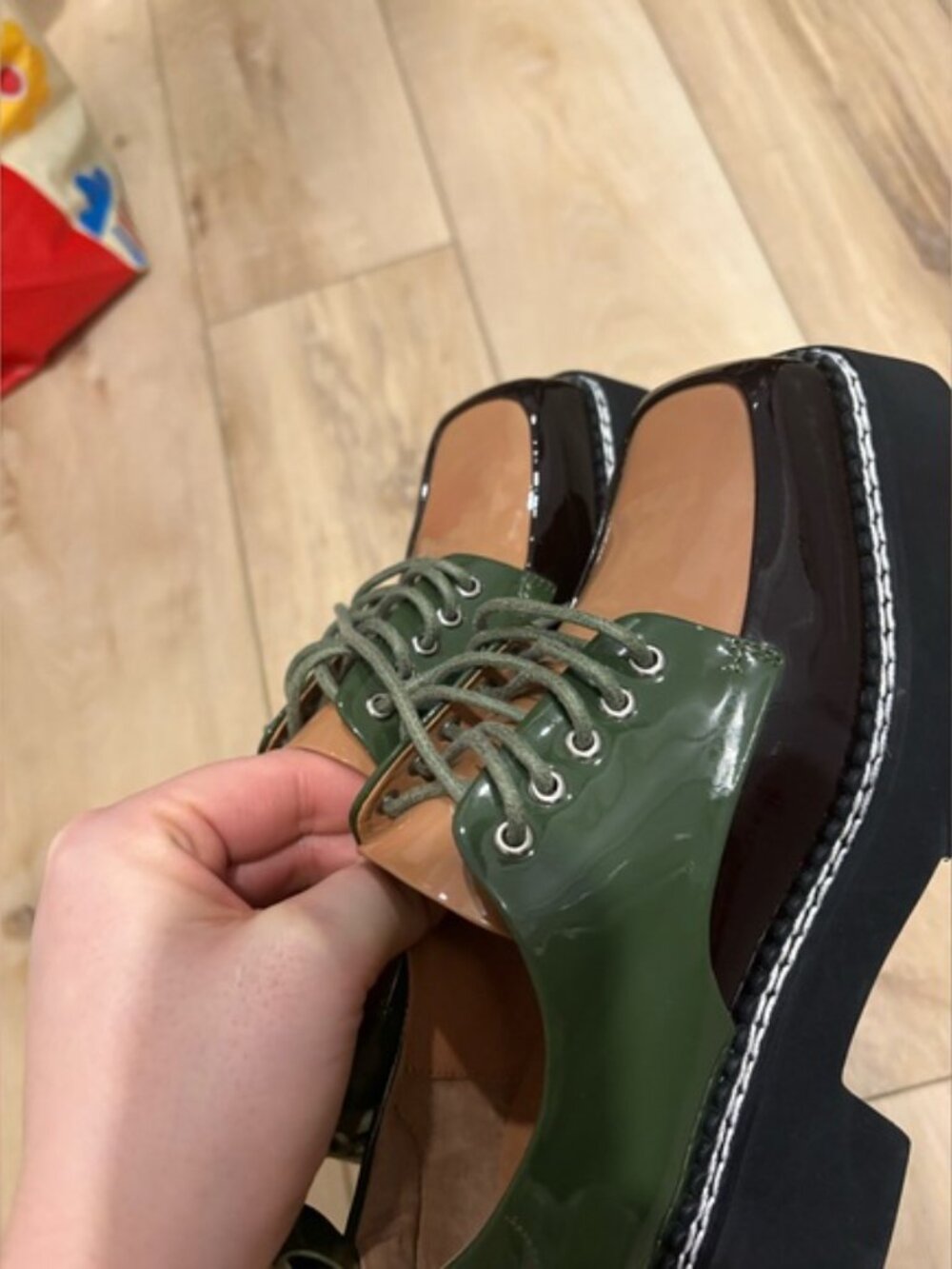 Jeffrey Campbell Book Platform Apron Toe Derby Green Tan Patent Leather Loafers - Picture 7 of 15